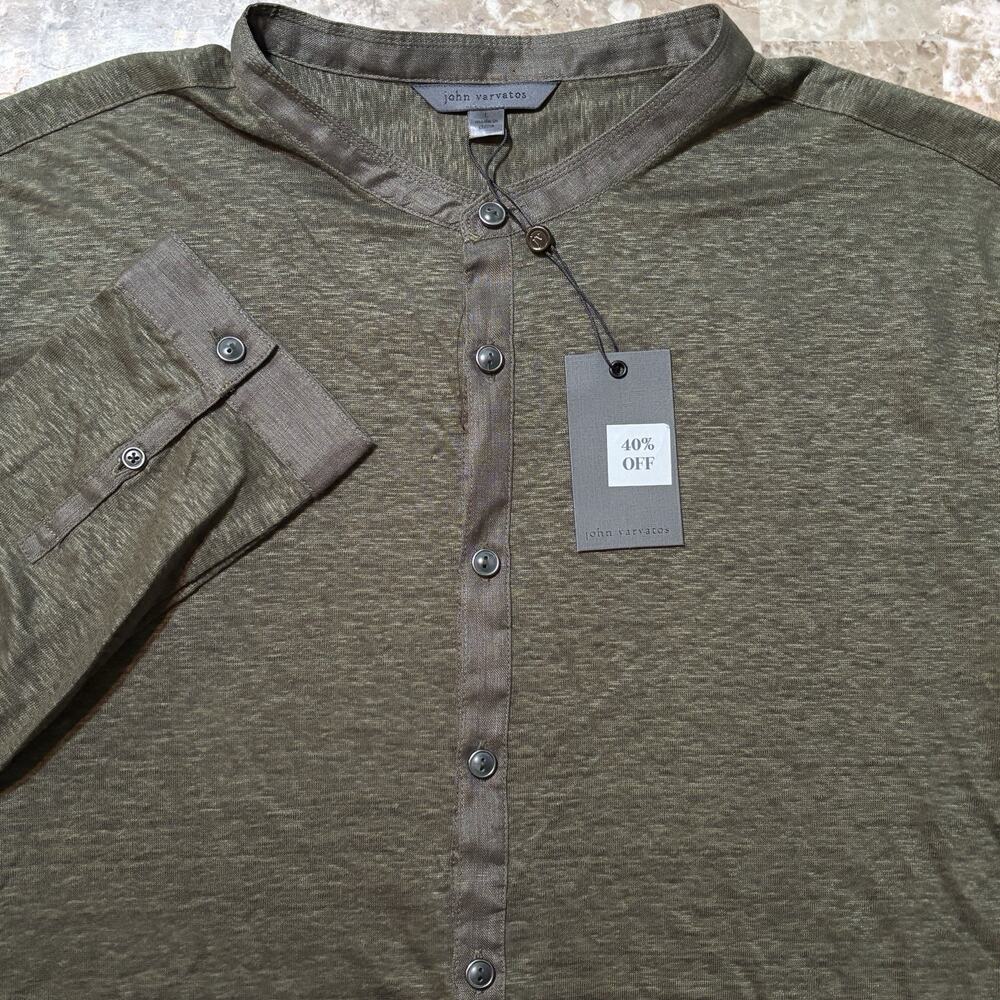 John Varvatos Shirt Mens Large Green 100% Linen Blade Collar Long Sleeve Button